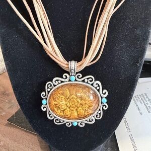Chico's Gold-Tone Floral Amber Pendant Necklace with Turquoise Accents